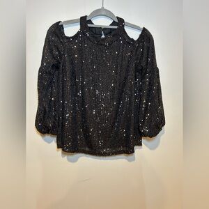 CeCe Black Sequin Cold Shoulder Blouse – Women’s Size M